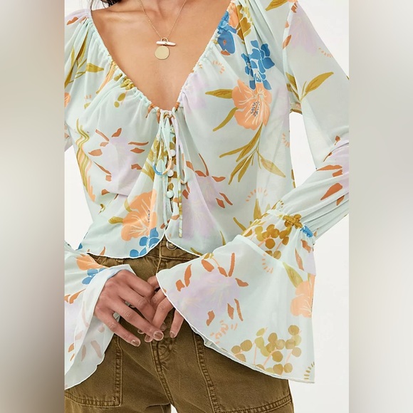 Free People Piece of Paradise Blouse Bell Sleeve Floral Mesh Sheer Multi S NEW - Picture 2 of 7